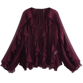 2025 Summer Chic Women's Elegant Loose Long Sleeve Layered Shirts Office Lady Vintage V-neck Translucent Tierred Ruffles Blouses
