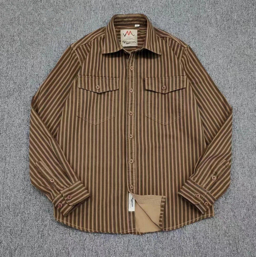 Retro Waed Distred Blue Vertical Stripe Trendy Denim irt Men's Loose American Long Sve Workwear irt Coat