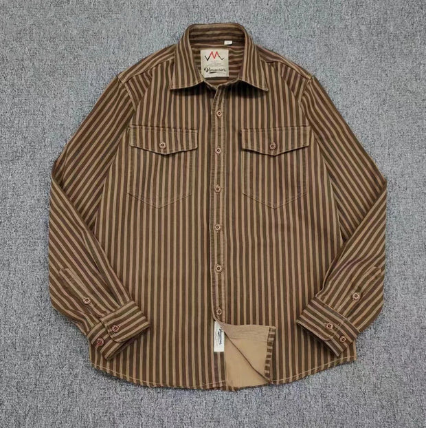 Retro Waed Distred Blue Vertical Stripe Trendy Denim irt Men's Loose American Long Sve Workwear irt Coat