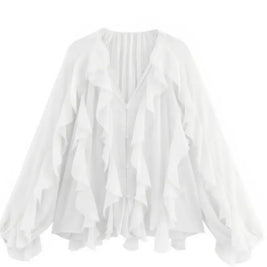 2025 Summer Chic Women's Elegant Loose Long Sleeve Layered Shirts Office Lady Vintage V-neck Translucent Tierred Ruffles Blouses