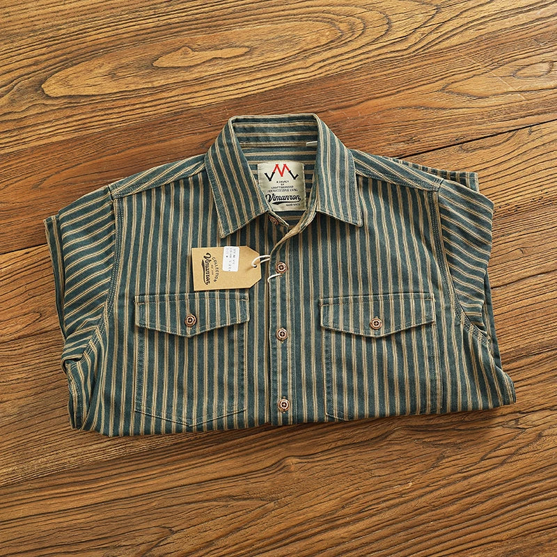 Retro Waed Distred Blue Vertical Stripe Trendy Denim irt Men's Loose American Long Sve Workwear irt Coat