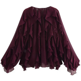 2025 Summer Chic Women's Elegant Loose Long Sleeve Layered Shirts Office Lady Vintage V-neck Translucent Tierred Ruffles Blouses
