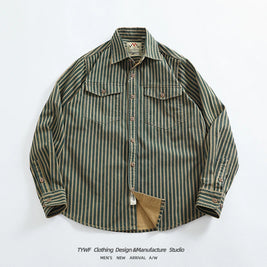 Retro Waed Distred Blue Vertical Stripe Trendy Denim irt Men's Loose American Long Sve Workwear irt Coat