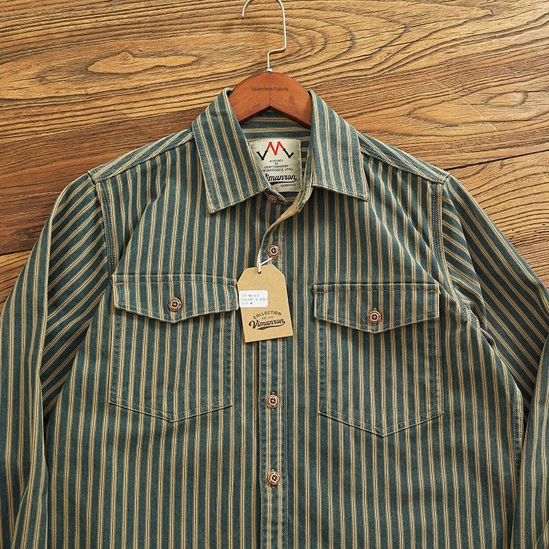 Retro Waed Distred Blue Vertical Stripe Trendy Denim irt Men's Loose American Long Sve Workwear irt Coat