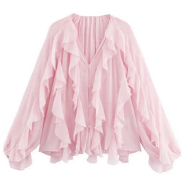 2025 Summer Chic Women's Elegant Loose Long Sleeve Layered Shirts Office Lady Vintage V-neck Translucent Tierred Ruffles Blouses