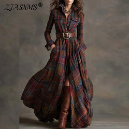 French Retro Plaid Print Slit Long Dresses Woman Elegant Turn-down Collar Button Maxi Dress Autumn Long Sleeve Pocket Boho Dress