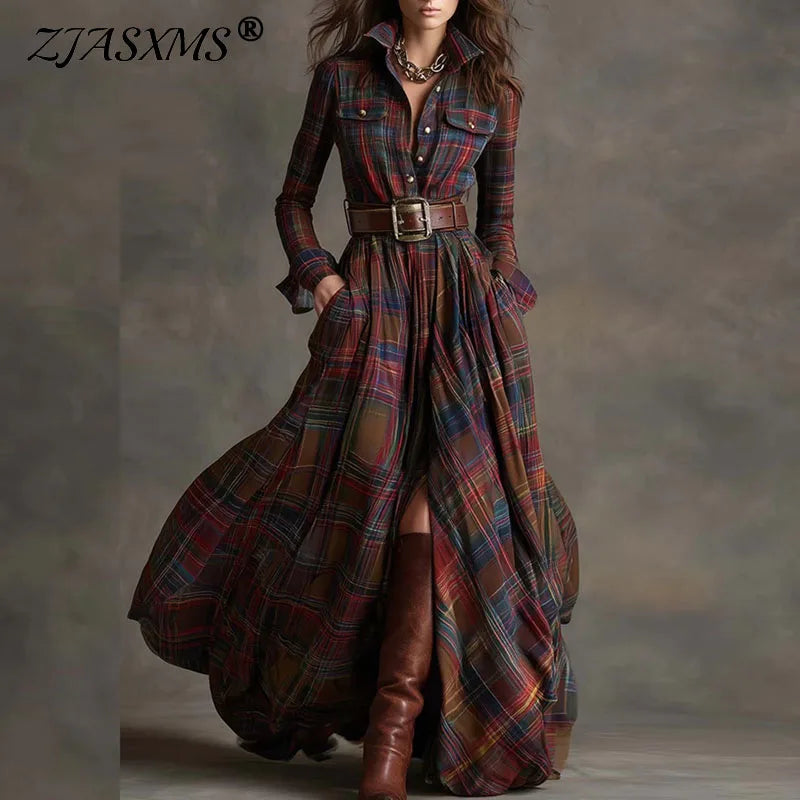 French Retro Plaid Print Slit Long Dresses Woman Elegant Turn-down Collar Button Maxi Dress Autumn Long Sleeve Pocket Boho Dress
