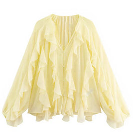 2025 Summer Chic Women's Elegant Loose Long Sleeve Layered Shirts Office Lady Vintage V-neck Translucent Tierred Ruffles Blouses