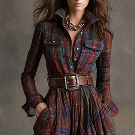 French Retro Plaid Print Slit Long Dresses Woman Elegant Turn-down Collar Button Maxi Dress Autumn Long Sleeve Pocket Boho Dress