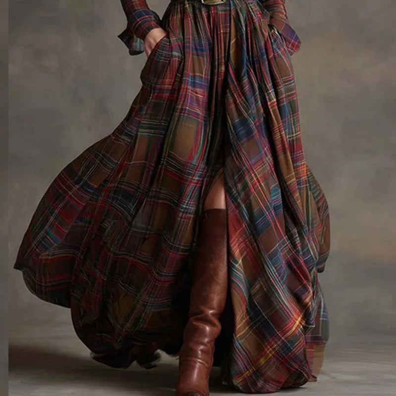 French Retro Plaid Print Slit Long Dresses Woman Elegant Turn-down Collar Button Maxi Dress Autumn Long Sleeve Pocket Boho Dress
