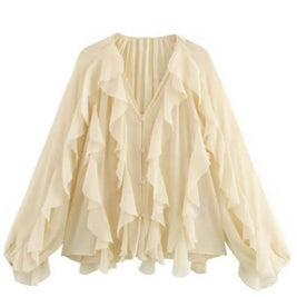 2025 Summer Chic Women's Elegant Loose Long Sleeve Layered Shirts Office Lady Vintage V-neck Translucent Tierred Ruffles Blouses