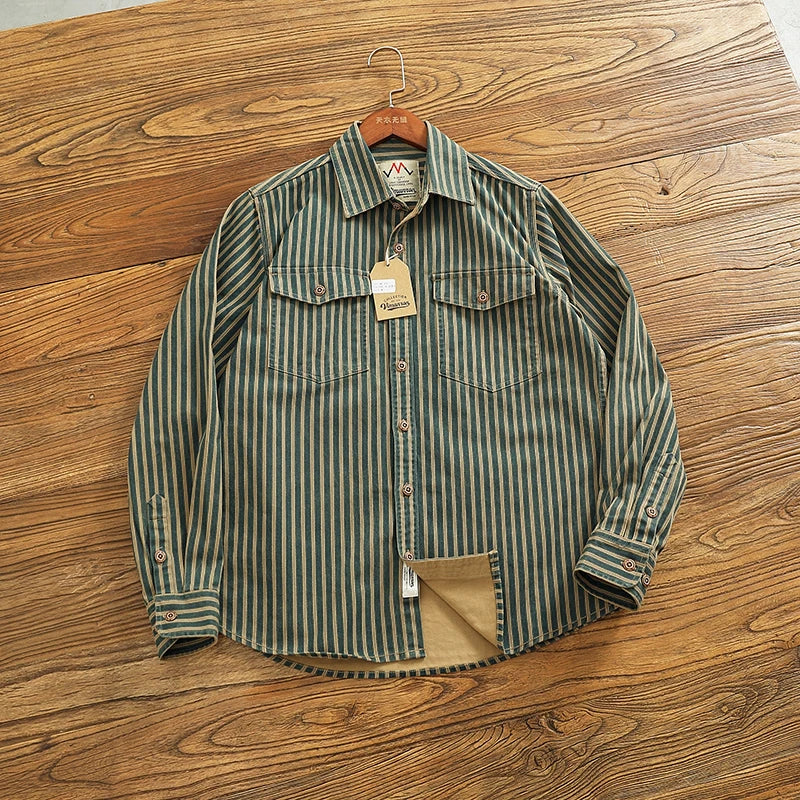 Retro Waed Distred Blue Vertical Stripe Trendy Denim irt Men's Loose American Long Sve Workwear irt Coat