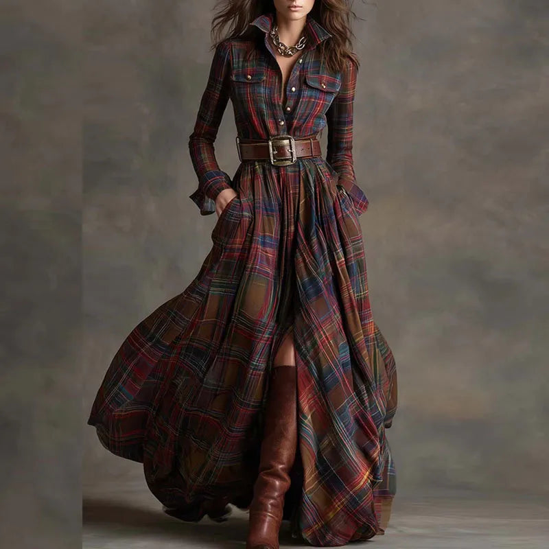 French Retro Plaid Print Slit Long Dresses Woman Elegant Turn-down Collar Button Maxi Dress Autumn Long Sleeve Pocket Boho Dress
