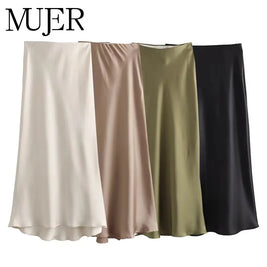 MUJER Woman 2025 Satin Skirt Women High Waist Long Skirts For Women Summer Black Midi Skirt Woman Office Elegant Women's Skirts