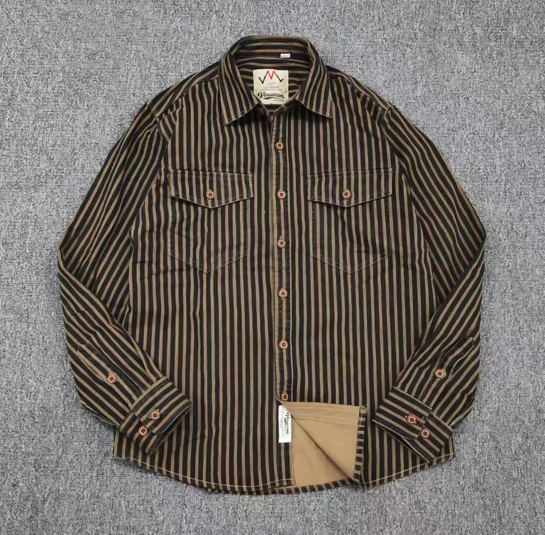 Retro Waed Distred Blue Vertical Stripe Trendy Denim irt Men's Loose American Long Sve Workwear irt Coat