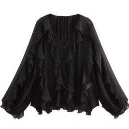 2025 Summer Chic Women's Elegant Loose Long Sleeve Layered Shirts Office Lady Vintage V-neck Translucent Tierred Ruffles Blouses